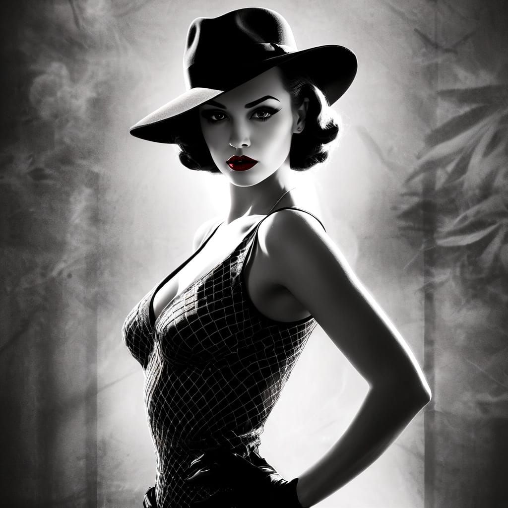 Noir Pin-Up Art: Femme Fatale in Black and White with Red Ac...
