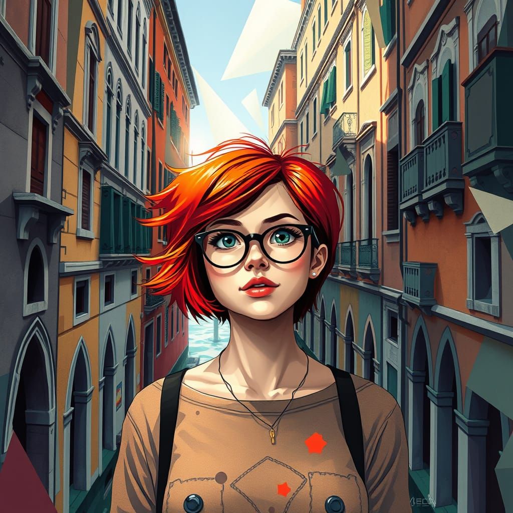 Redheaded Girl Stands Amidst Vibrant Venice Streets