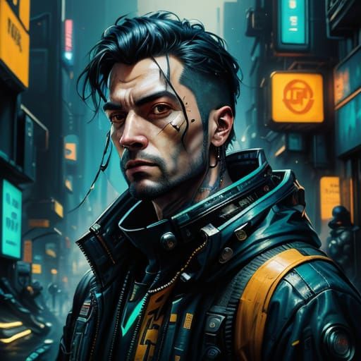 Cyberpunk Man Portrait in Futuristic Neon Cityscape