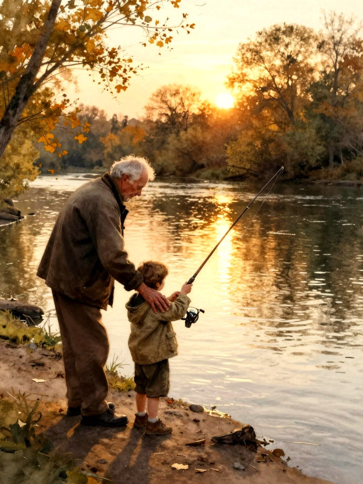 Elderly Man Teaches Child Fishing at Sunset in Watercolor St...