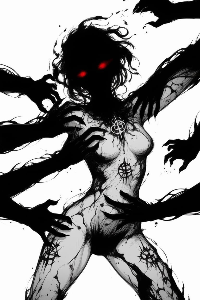Woman Struggling Against Ink Blot Hands