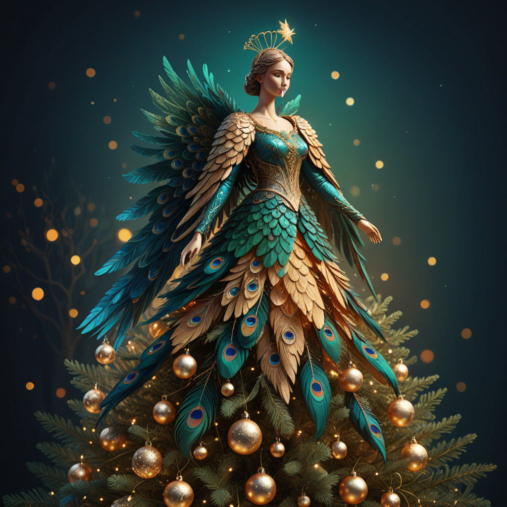 Christmas Angel with Peacock Feathers Standing on Golden Pre...