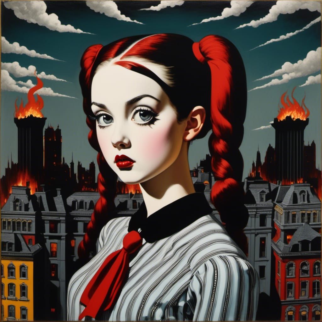 Pop Art Girl in Burning City, Avant-Garde Style