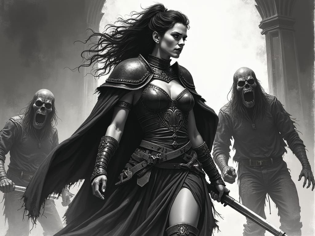 Warrior Battles Undead in Dark Fantasy Style