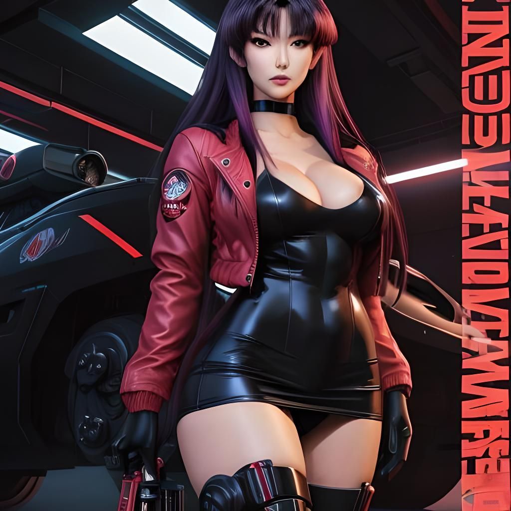 Comic book portrait, Misato from Neon Genesis in a little bl...