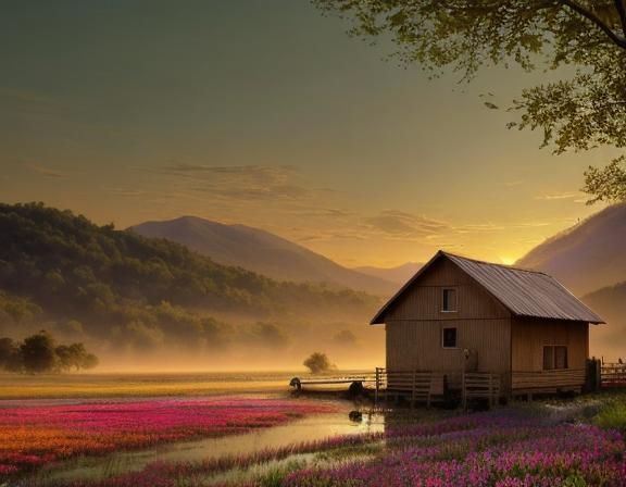 Remote Village at Sunrise: Impressionist Mixed Media