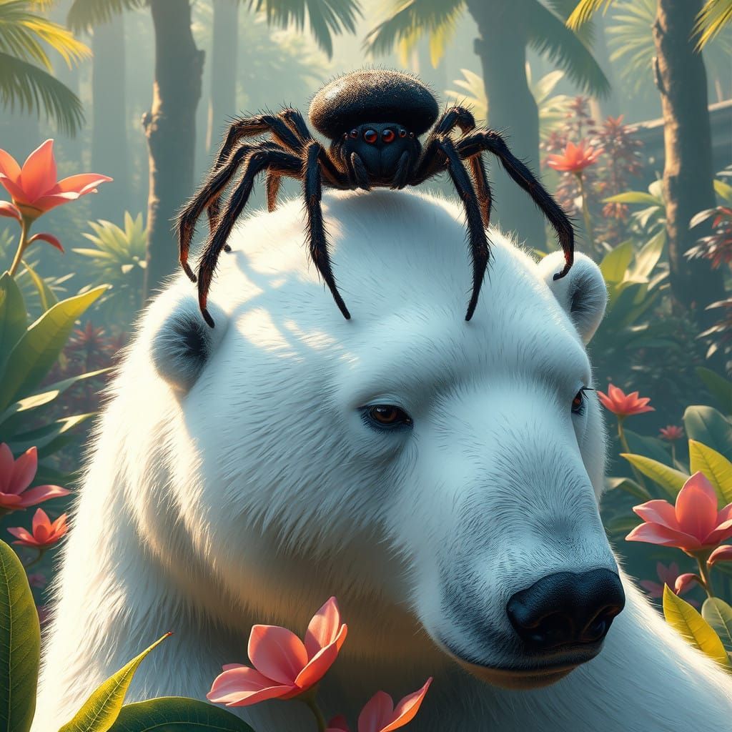 Miniature Black Spider Sits Tranquilly on Polar Bear's Head...