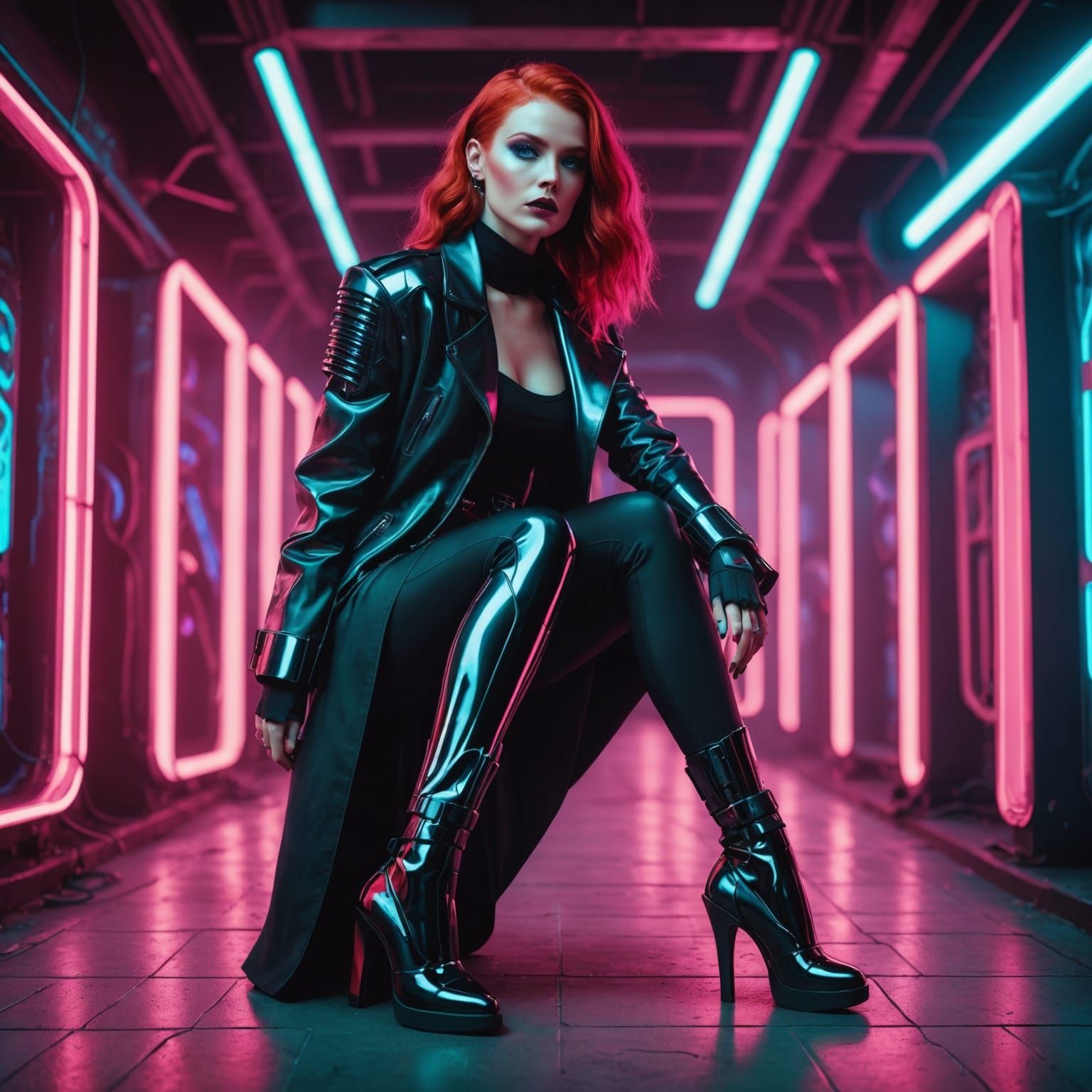 Futuristic Redhead in Cyberpunk Neon Style
