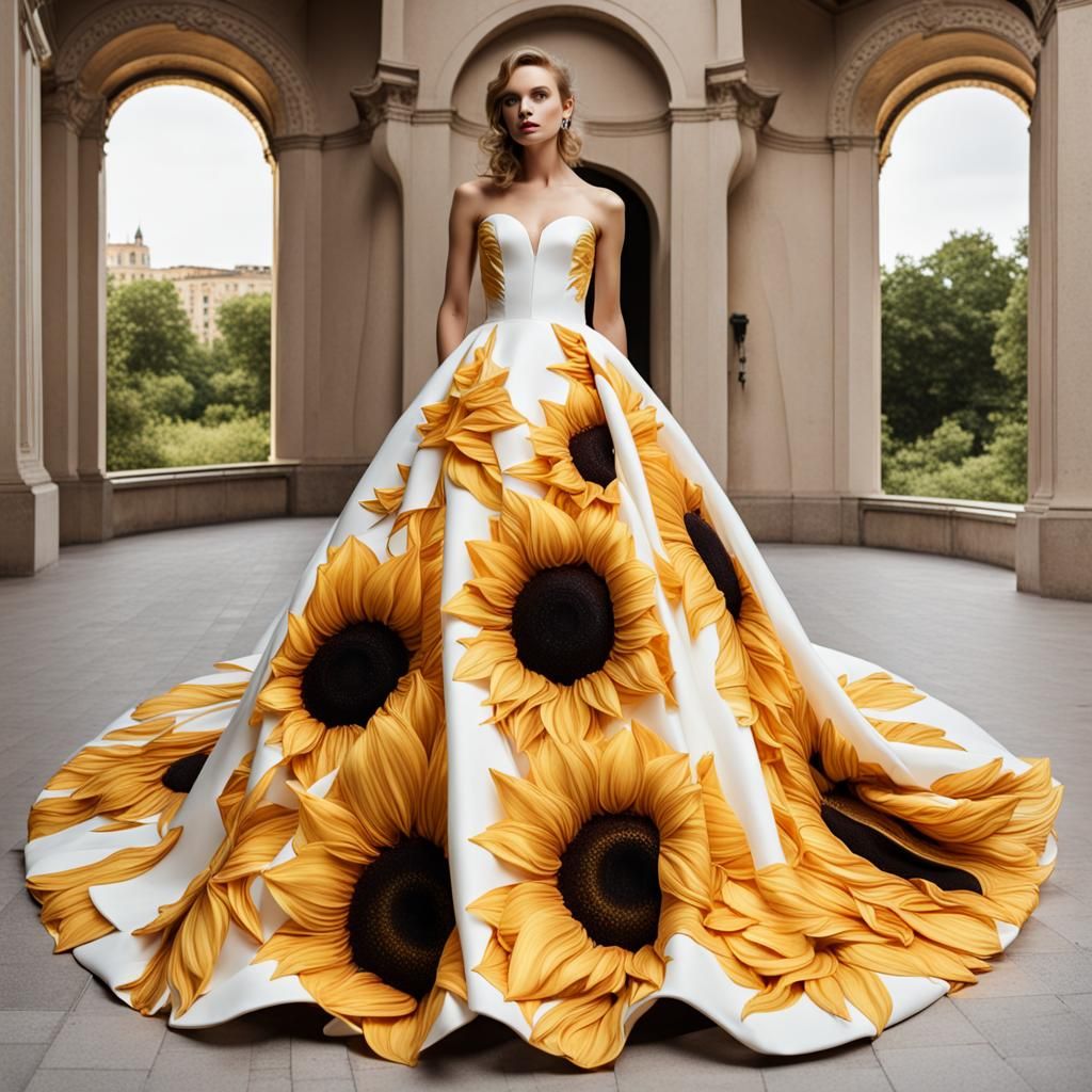 wedding dress with a big sunflower design