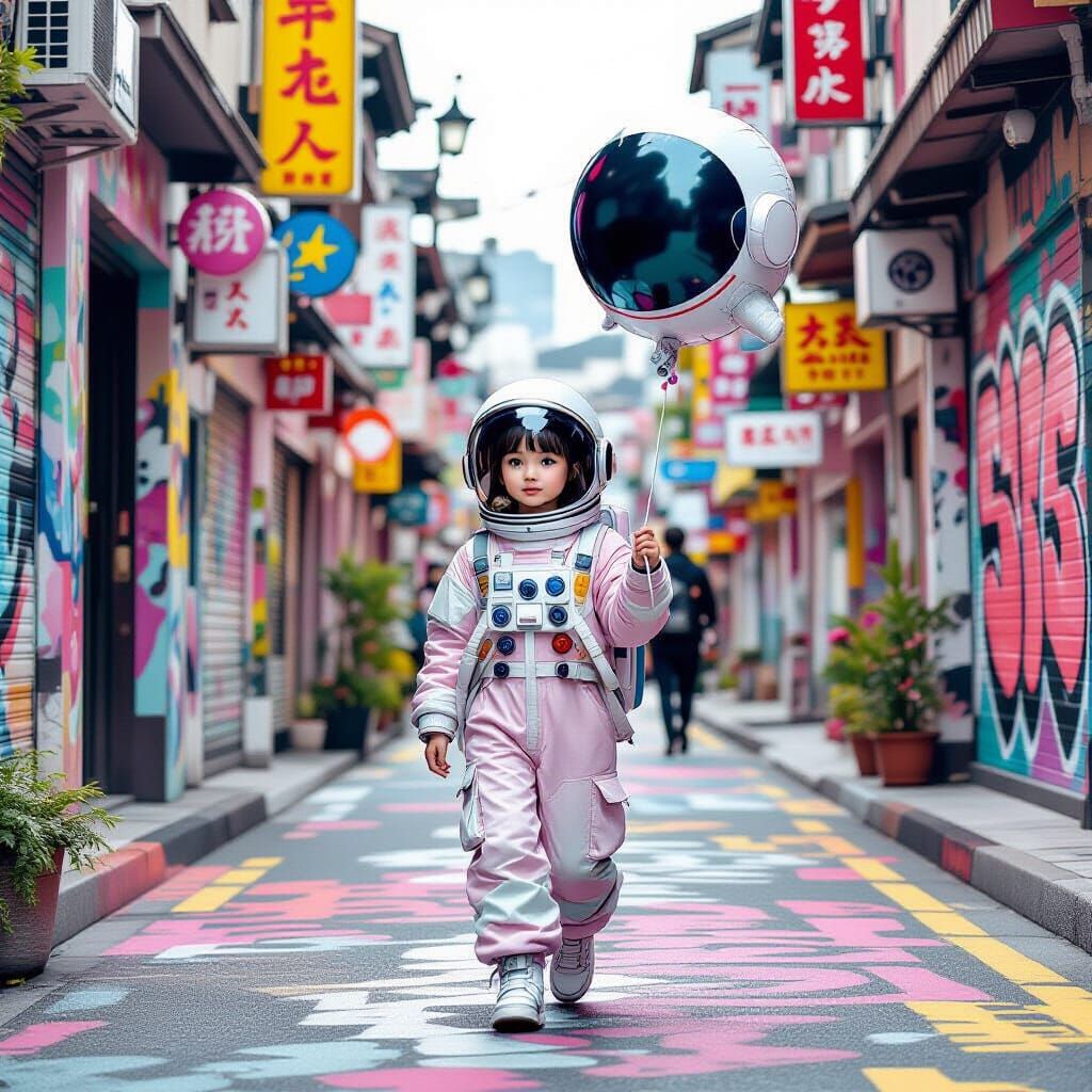 Girl with Astronaut Balloon in Street Art Style