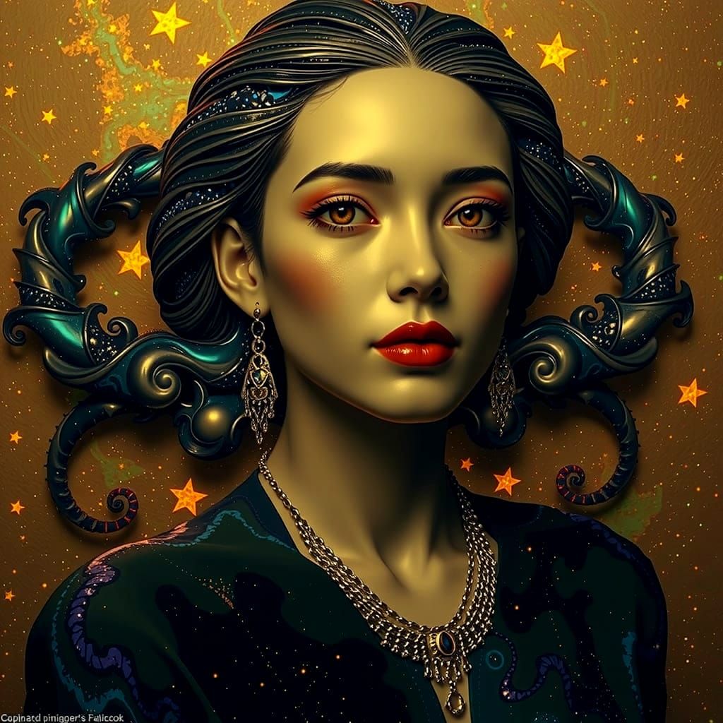 Starry Night Sky With Silver Form and Fractal Flames