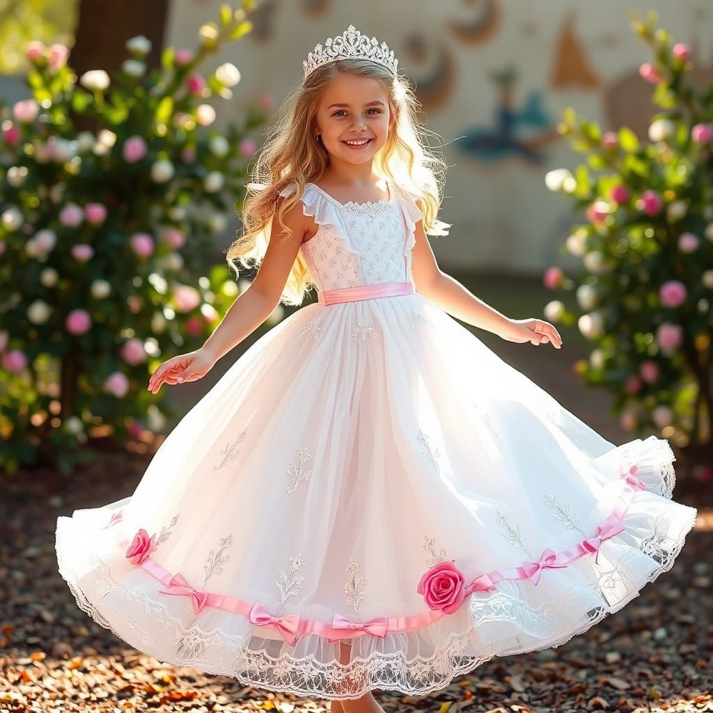 White and Pink Princess Dress with Lace and Gems