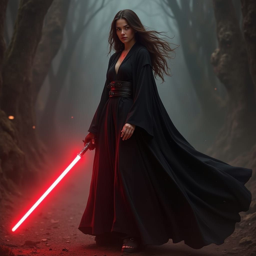 Elegant Brunette Warrior Wields Fiery Lightsaber in Futurist...