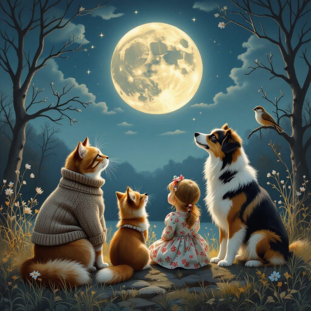 Animals Admiring the Moon in Realistic Style