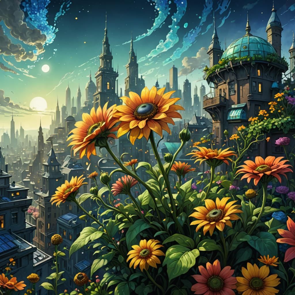 Solarpunk Rooftop Gardens in Expressionist Style