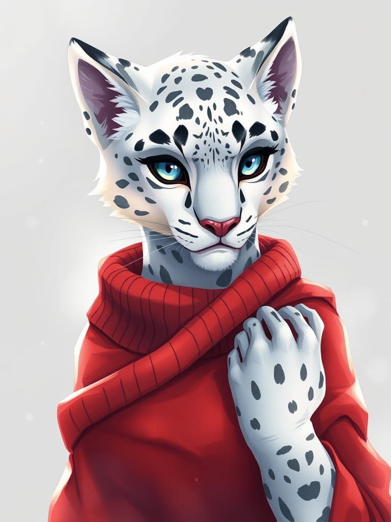 Humanoid Snow Leopard in Vibrant Red Attire