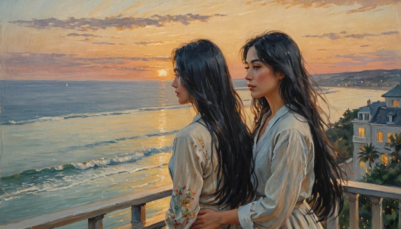 Eurasian Woman Ocean View in Impressionist Style