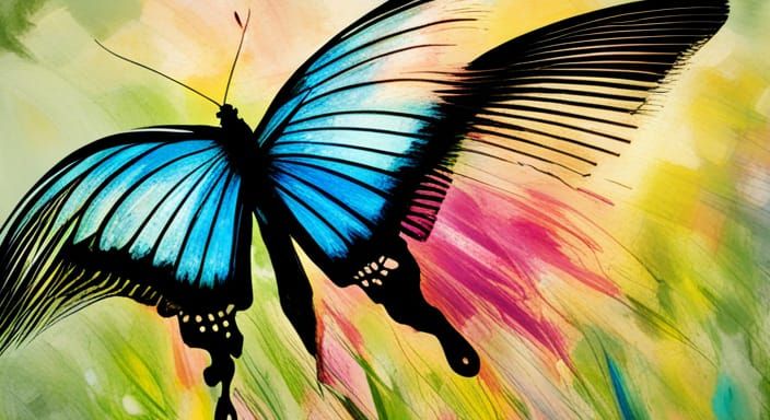 Crayon-Style CMYK Butterfly Flying in a Field