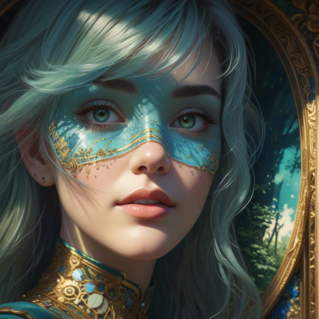 Solarpunk Woman in Forest with Needlepoint Details