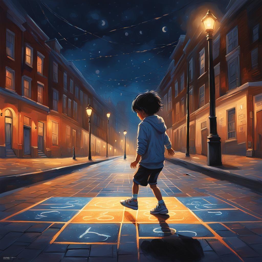 Child Plays Hopscotch at Night in Hyperrealistic Style