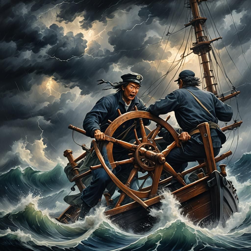 Sailor Navigating Stormy Seas as Moody Oil Painting