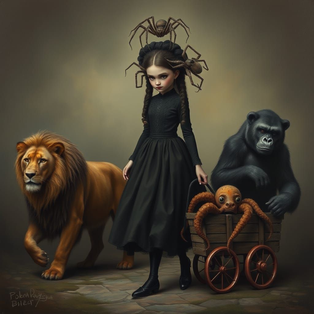 Wednesday Addams and Her Menagerie: A Surreal Walk