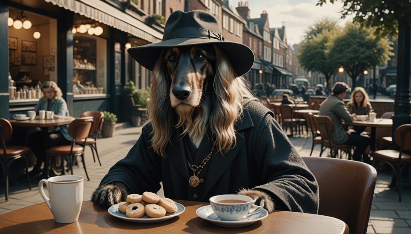 Afghan Hound Sips Tea at a London Cafe in Cinematic Style