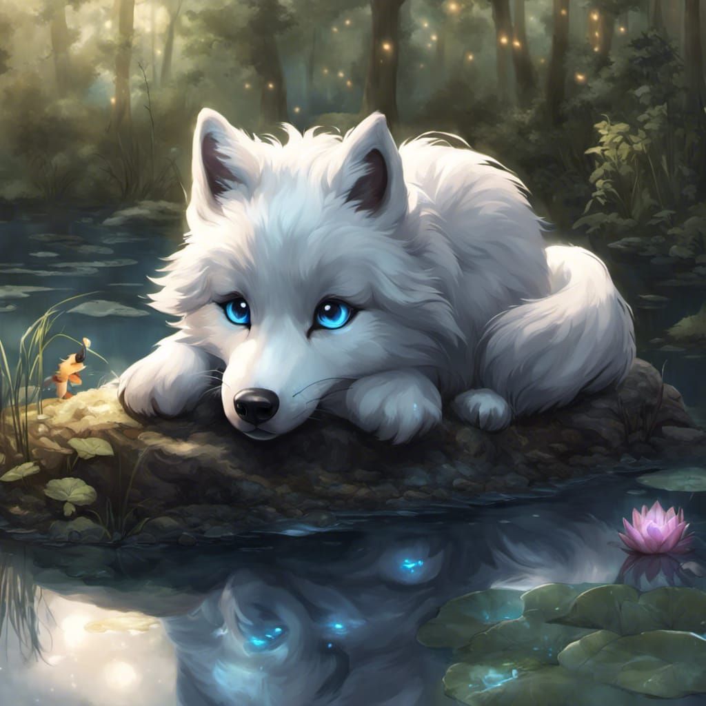 Whimsical Furry Wolf at Forest Pond