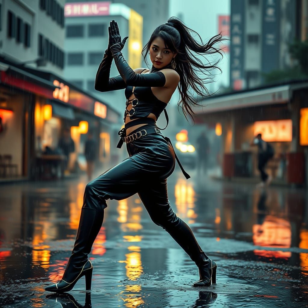 K-Pop Warrior Dancer Captured in Hyperrealistic Rainy Scene