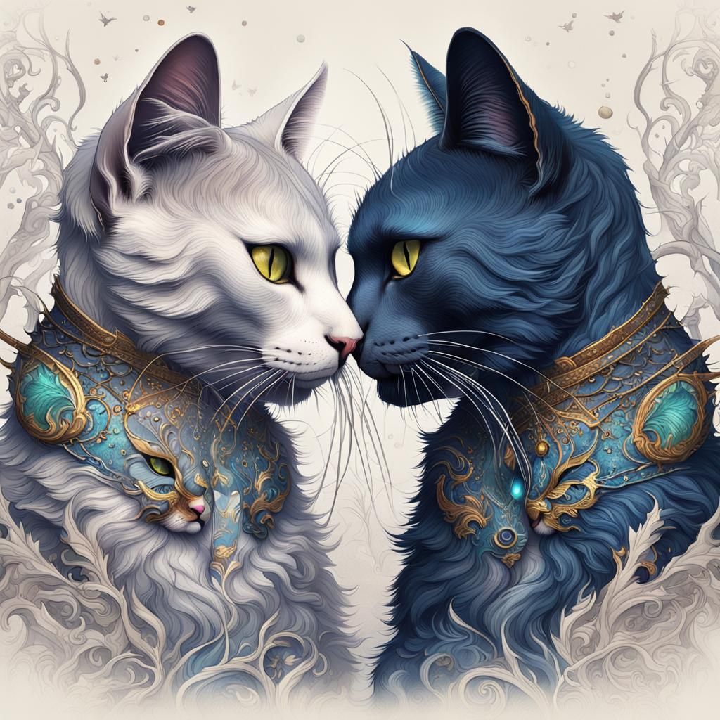 Cats Touching Noses: Detailed Fantasy Concept Art