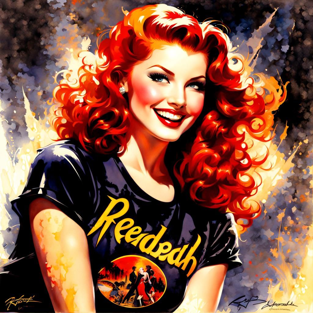 Redhead in Rock Tee, Watercolor Pinup Style