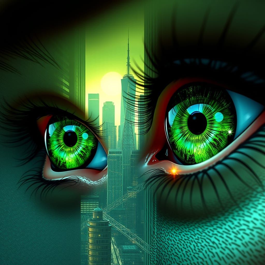 Ethereal Eyes Reflect Futuristic Cityscapes in Vibrant Green