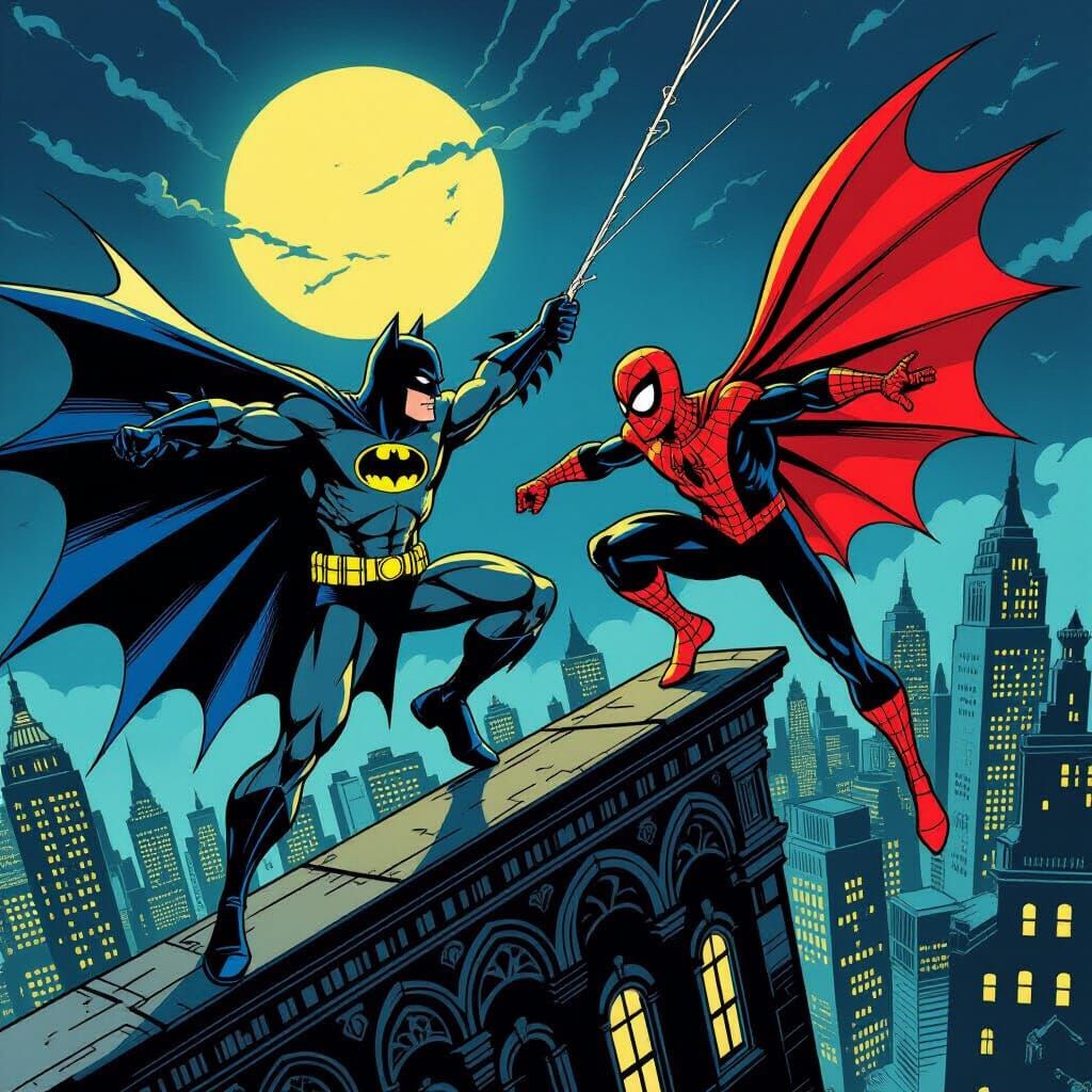 Batman & Spiderman Acrobatics on Gothic Skyscraper Retro Com...