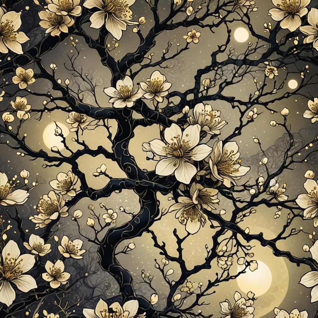 Glowing Cherry Blossoms in Dark Fantasy Style