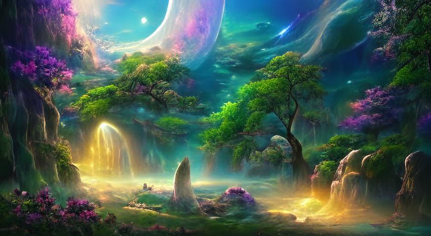 Iridescent Fantasy Landscape Under Cosmic Starry Sky