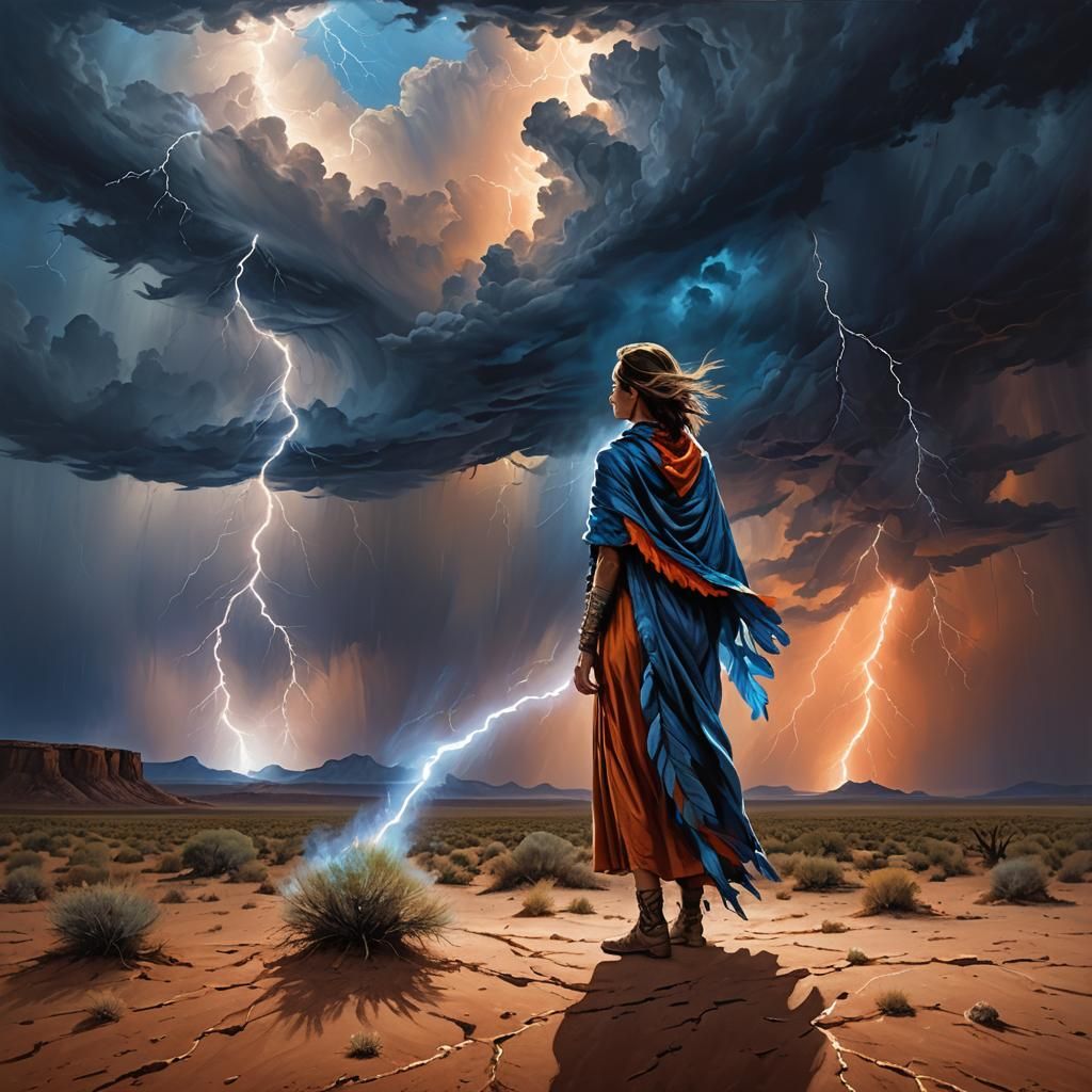 Desert Mesa Lightning Storm: Surreal Expressive Painting