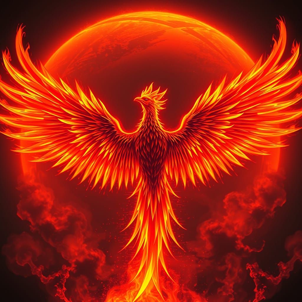 Cyberpunk Phoenix Blazes Through Fiery Inferno