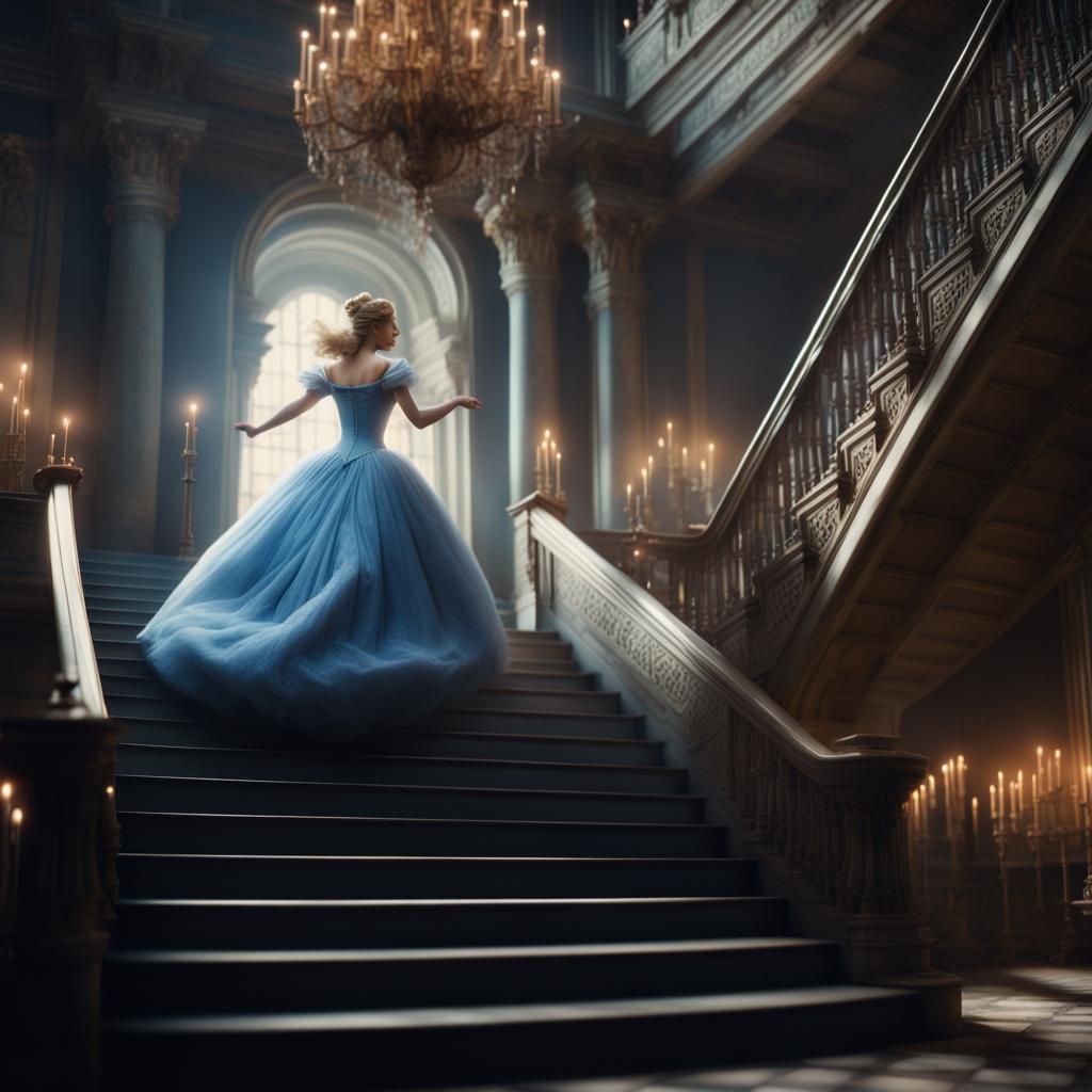 Cinderella's Dramatic Escape: A Cinematic Castle Scene