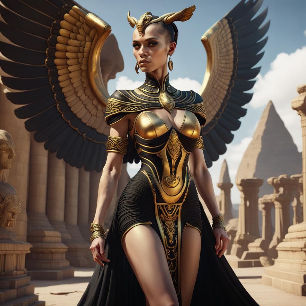 Female Sphinx in Black and Gold Dress