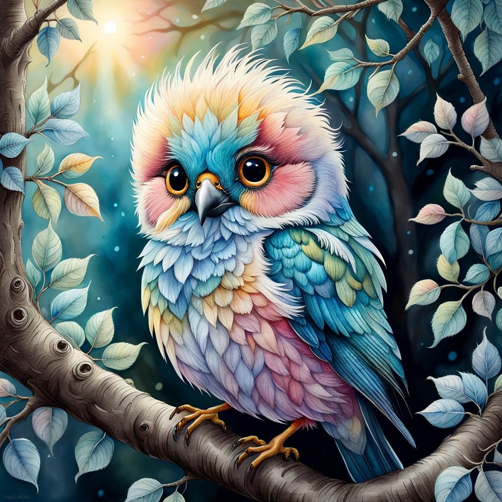 Adorable Fluffy Bird in a Tree: Watercolor Art