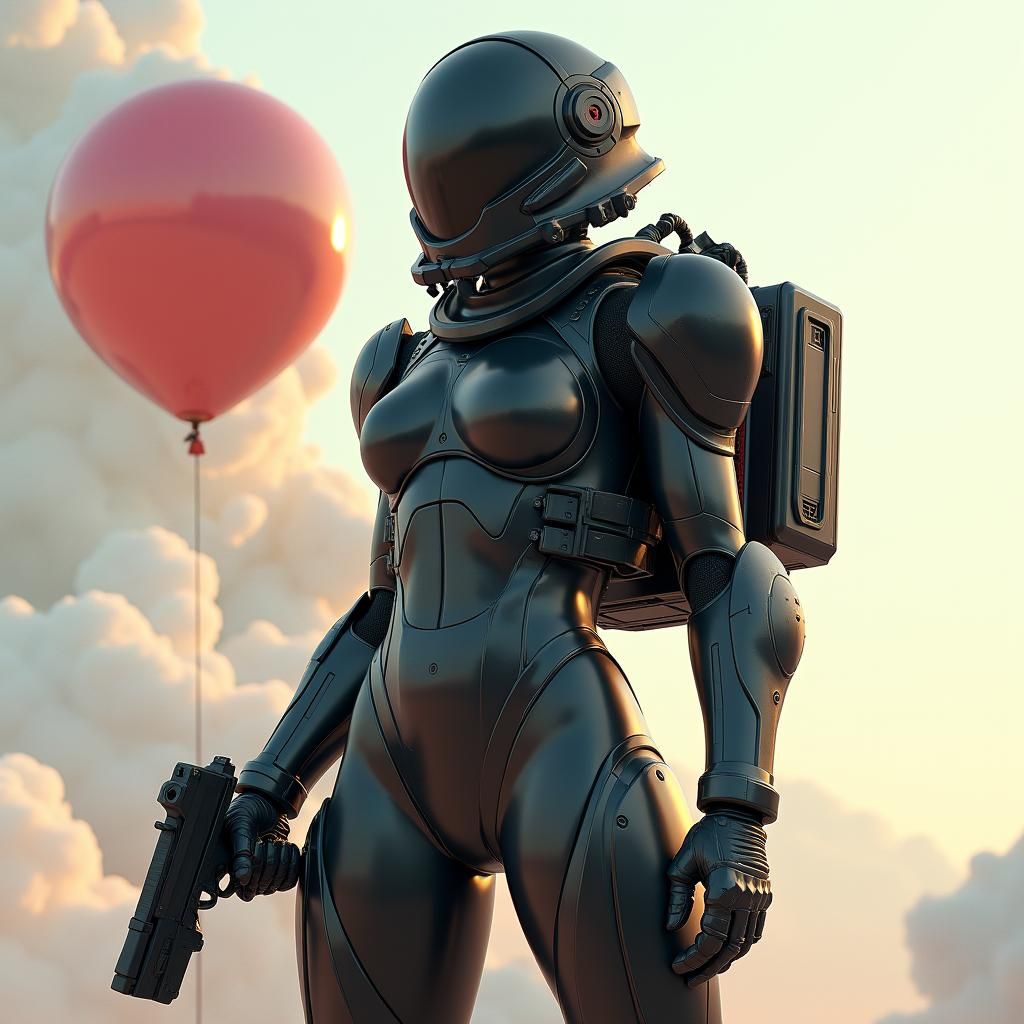 Futuristic Female Soldier in Black Bodysuit with Blaster