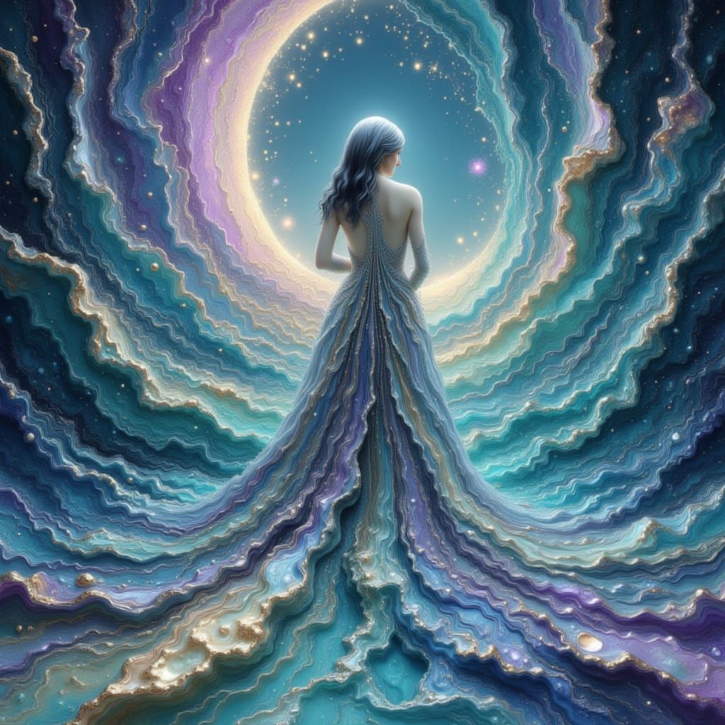 Woman in Silver Cloak Watches Liquid Moon Flow