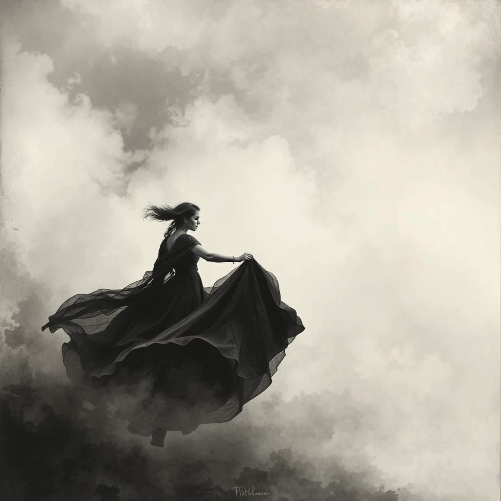 Women in Charcoal Art Transforming into Ashy Remains in a Wh...