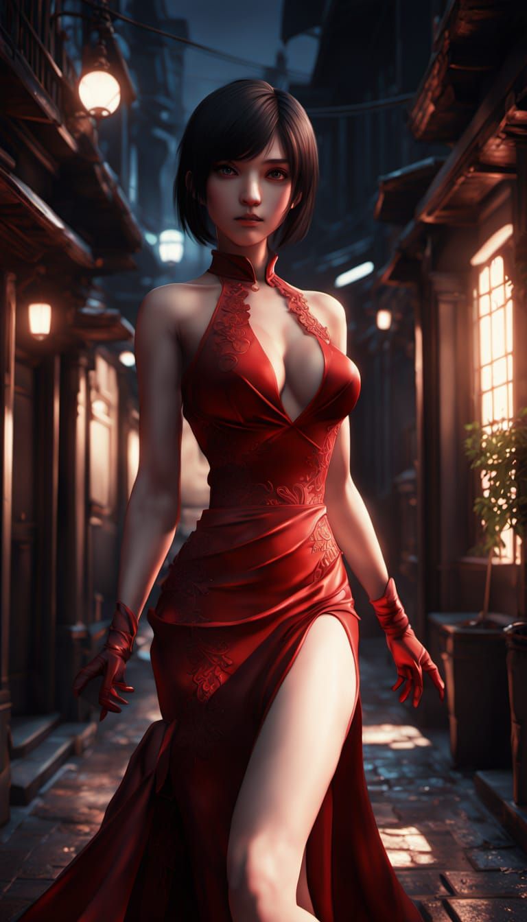 Ada Wong in Iconic Red Dress Amidst Neon Cityscape
