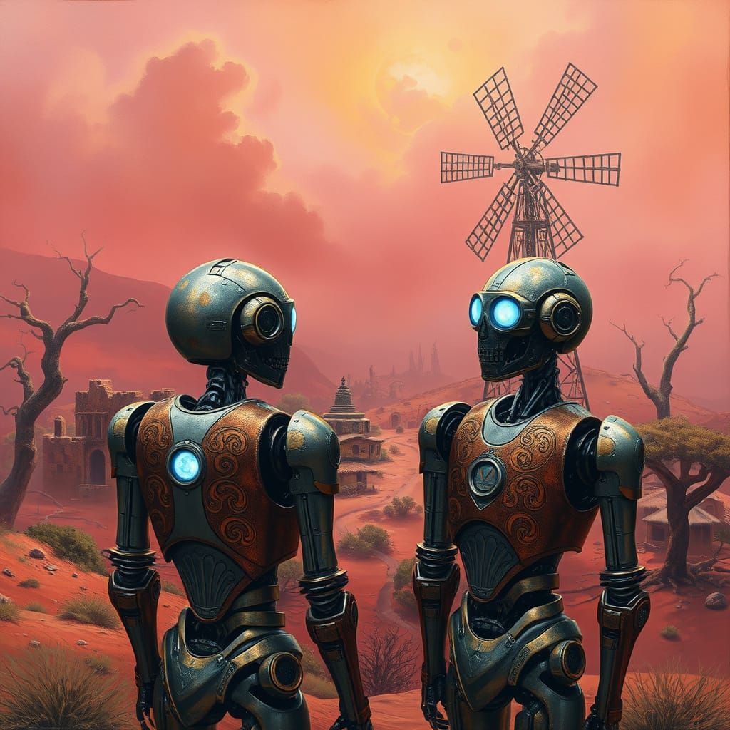 Martian Village Shrouded in Ethereal Mist, Oil Painting