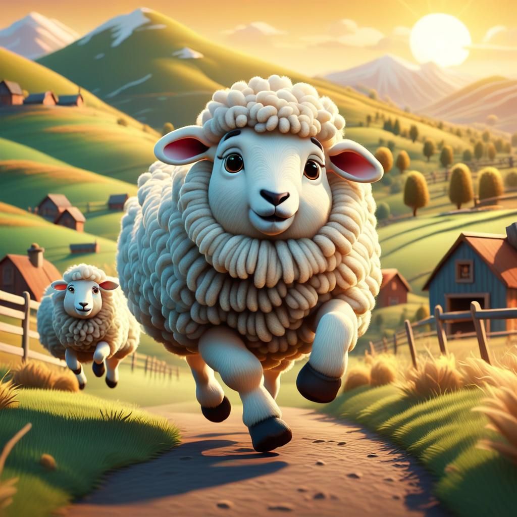 Cute Sheep Runs on Farm in Pixar 3D Style