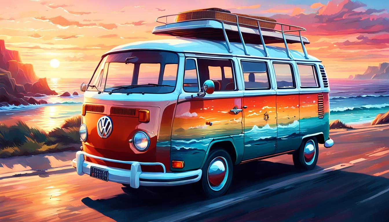 VW Bus Coastal Road Trip: Digital Illustration