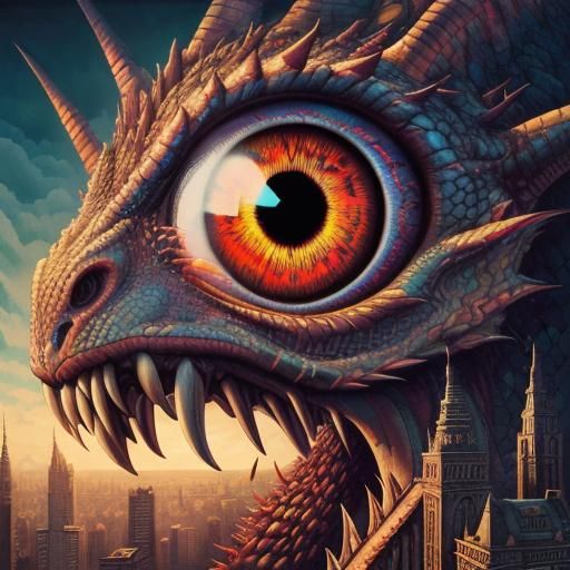 Dragon Head in Cityscape: Psychedelic Surrealist Art