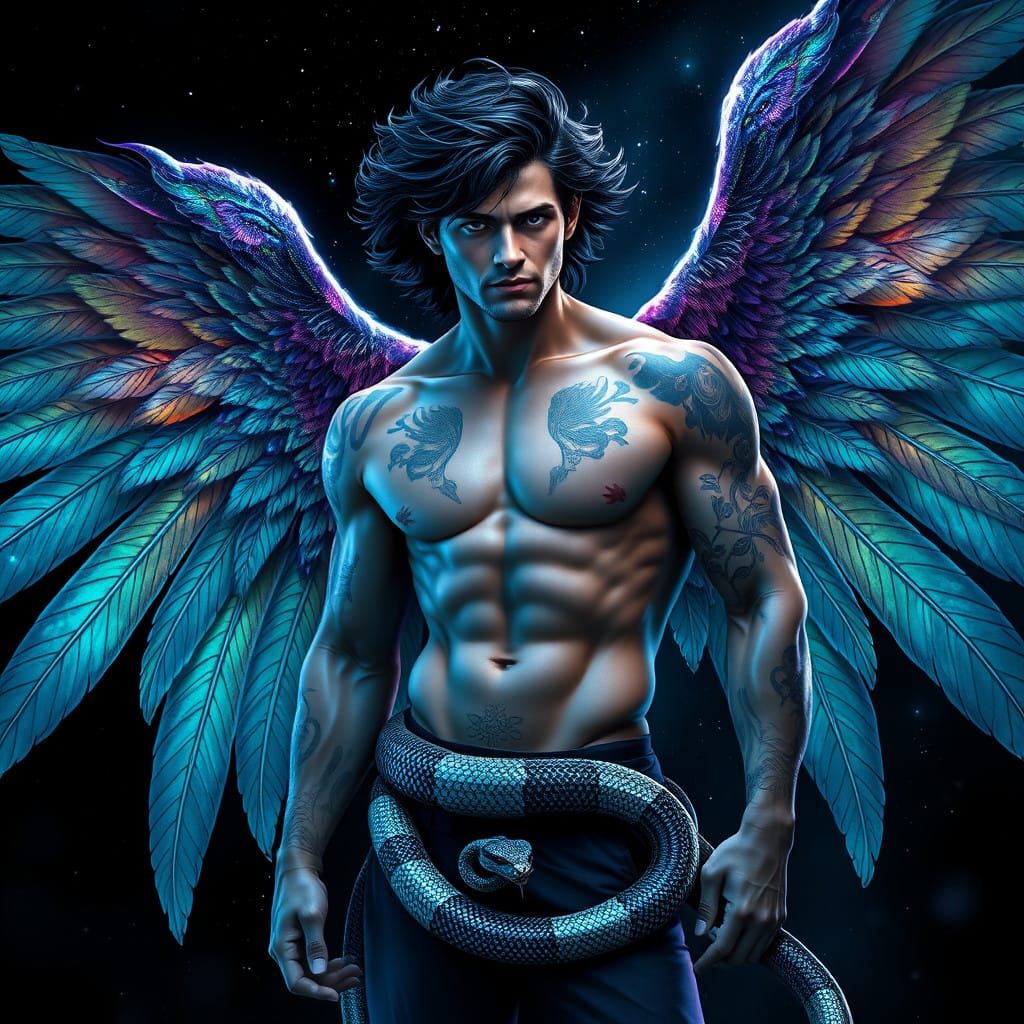 Chiseled Angel with Snake Tattoos and Peacock Wings in Cosmi...