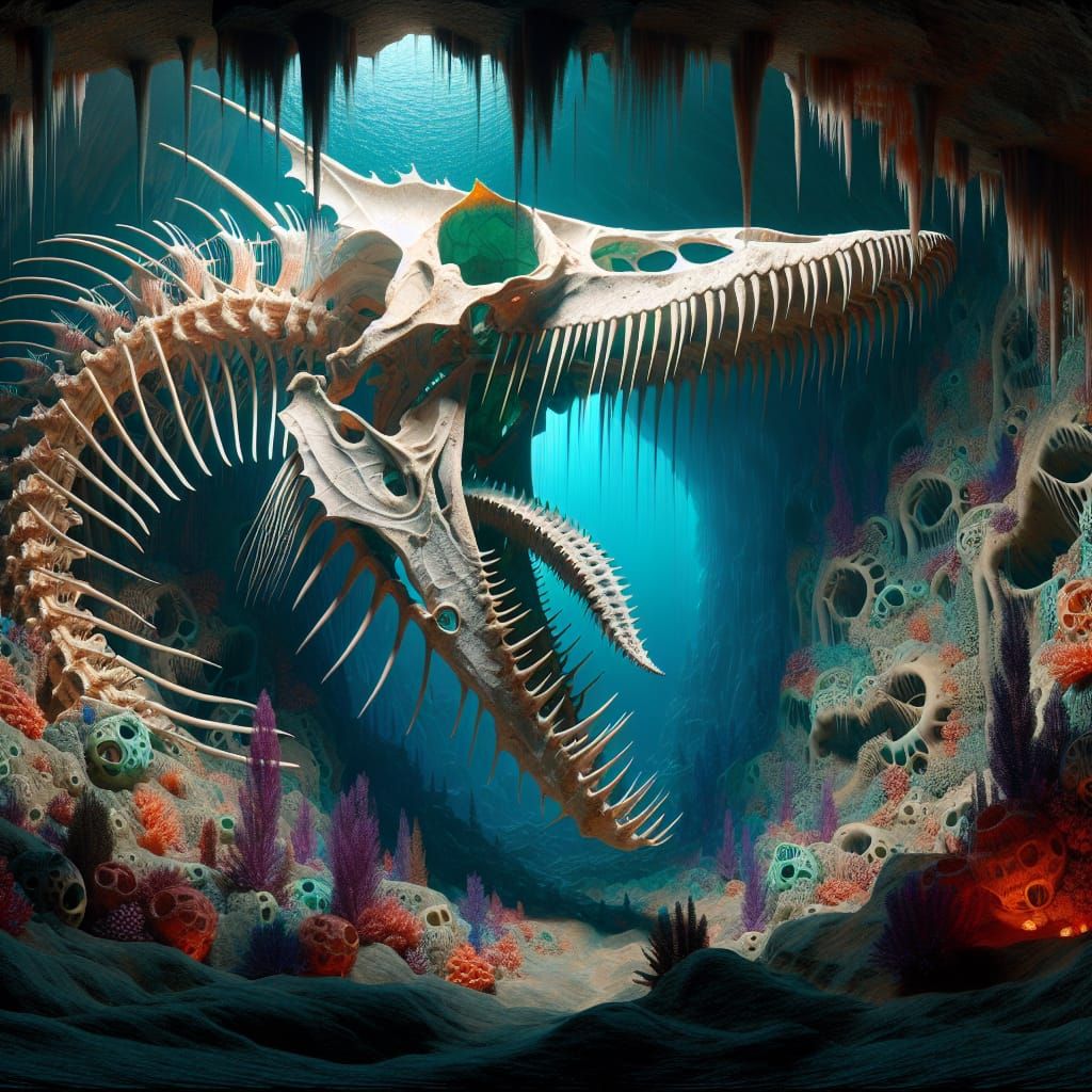 Glowing Underwater Cave with a Massive Seahorse Skeleton